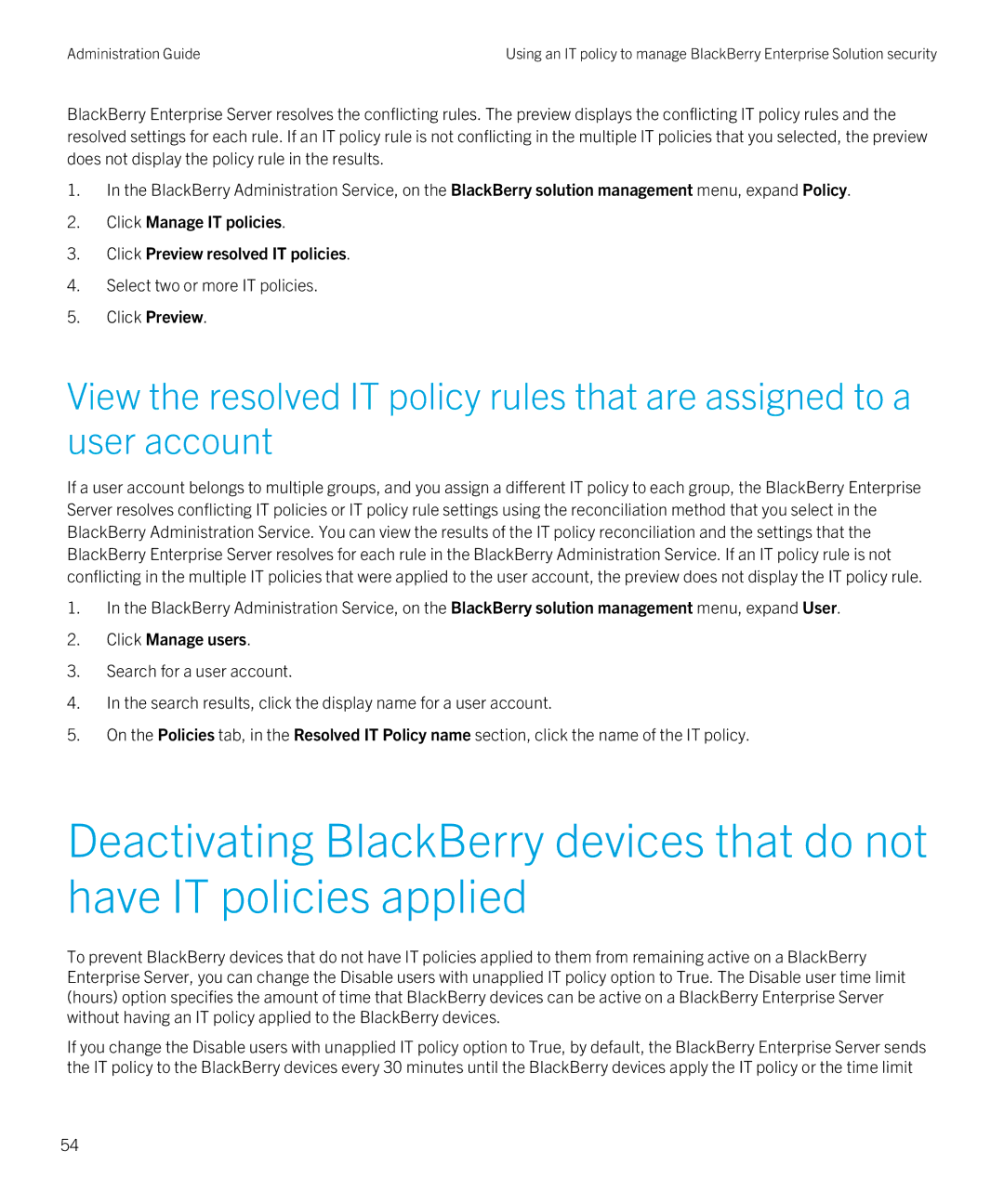 Blackberry SWD-20120924140022907 manual Click Manage IT policies Click Preview resolved IT policies 