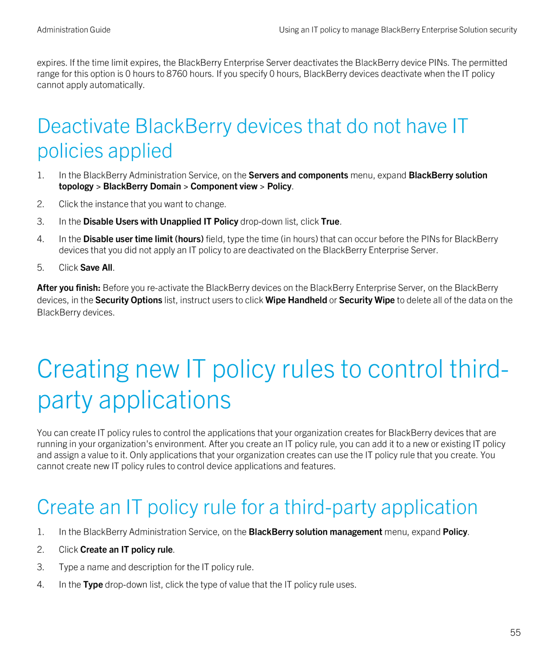 Blackberry SWD-20120924140022907 Create an IT policy rule for a third-party application, Click Create an IT policy rule 