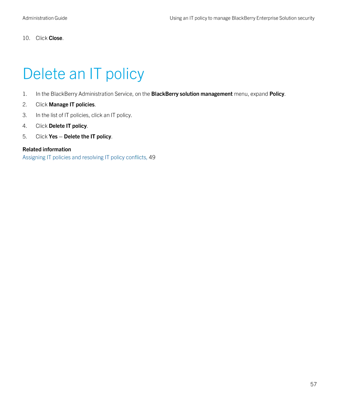 Blackberry SWD-20120924140022907 manual Delete an IT policy, List of IT policies, click an IT policy 