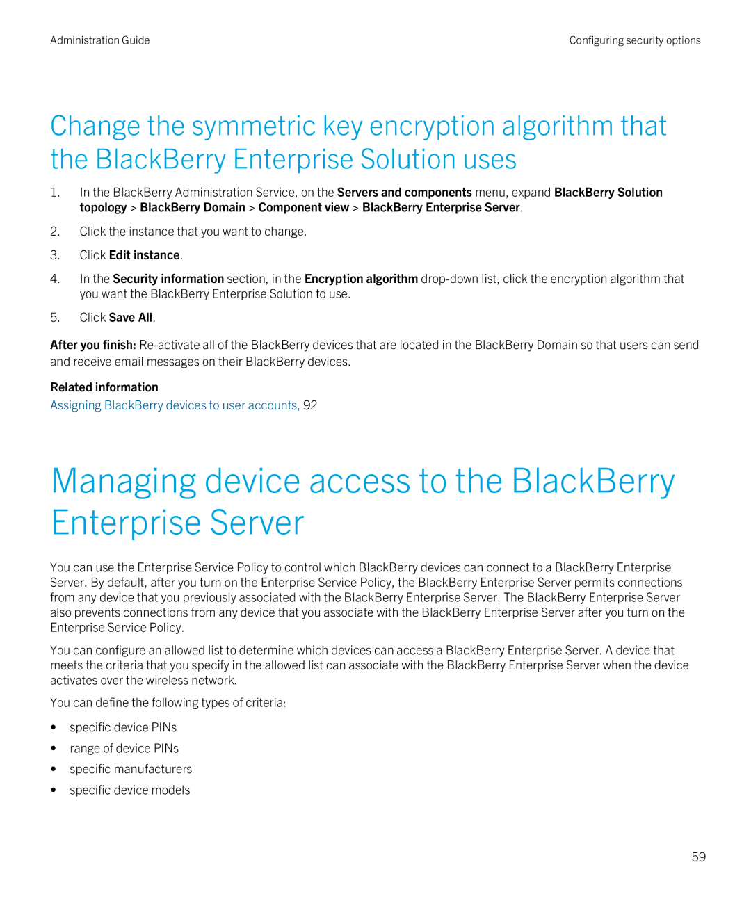 Blackberry SWD-20120924140022907 manual Managing device access to the BlackBerry Enterprise Server, Click Edit instance 