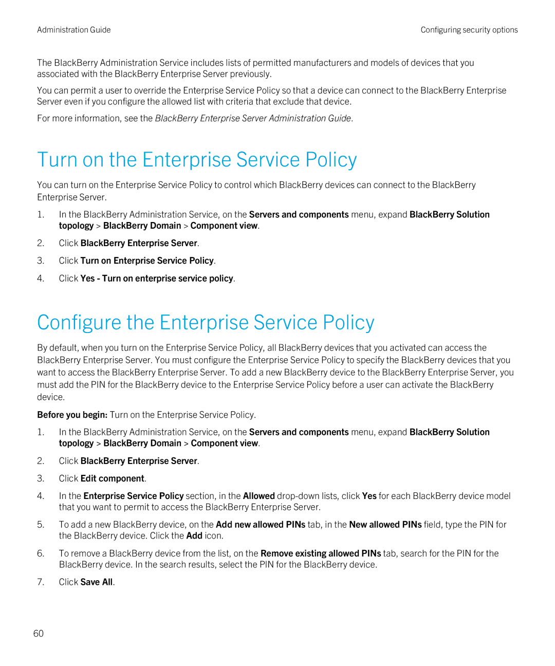 Blackberry SWD-20120924140022907 manual Turn on the Enterprise Service Policy, Configure the Enterprise Service Policy 