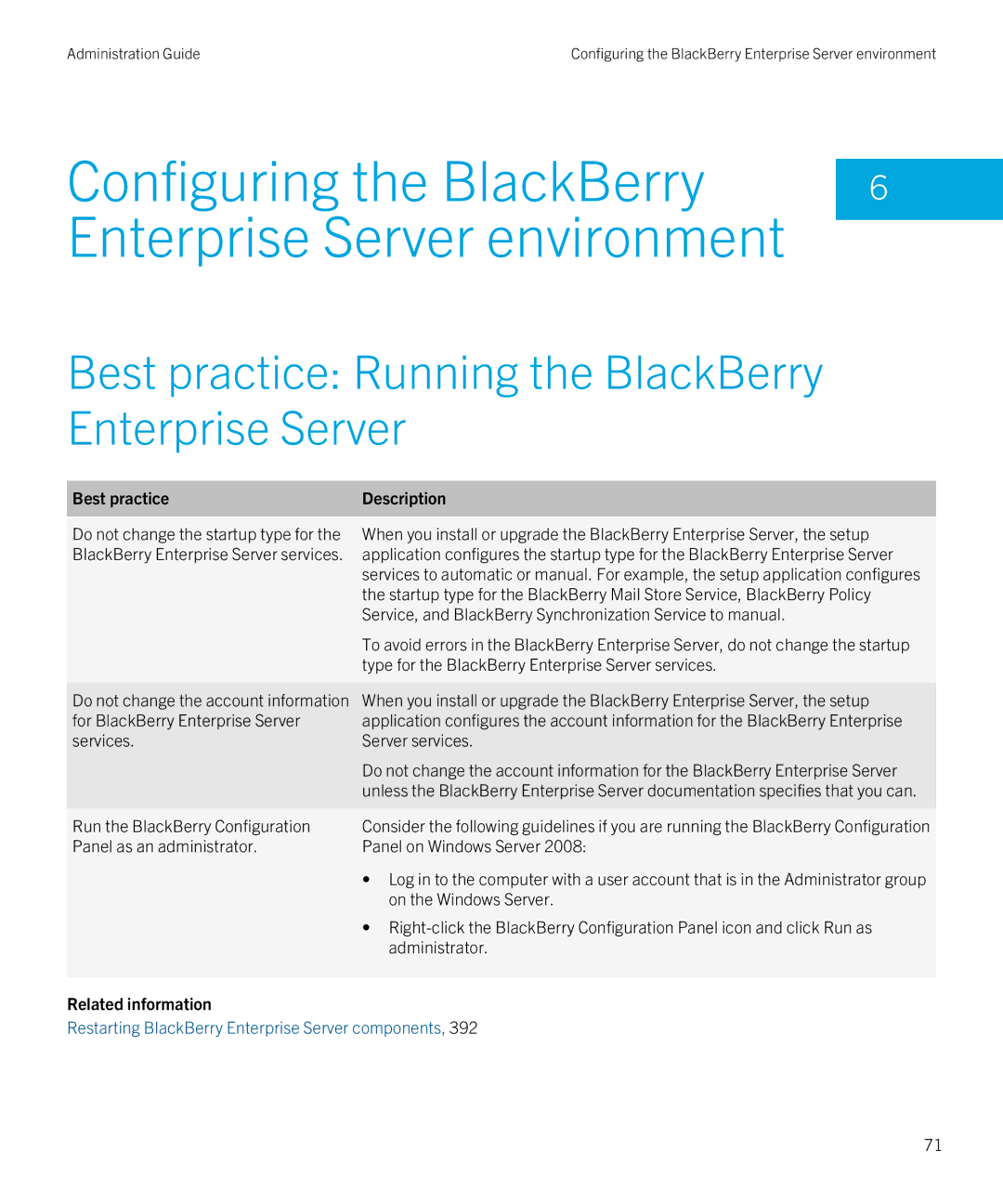 Blackberry SWD-20120924140022907 manual Configuring the BlackBerry Enterprise Server environment, Best practice Description 