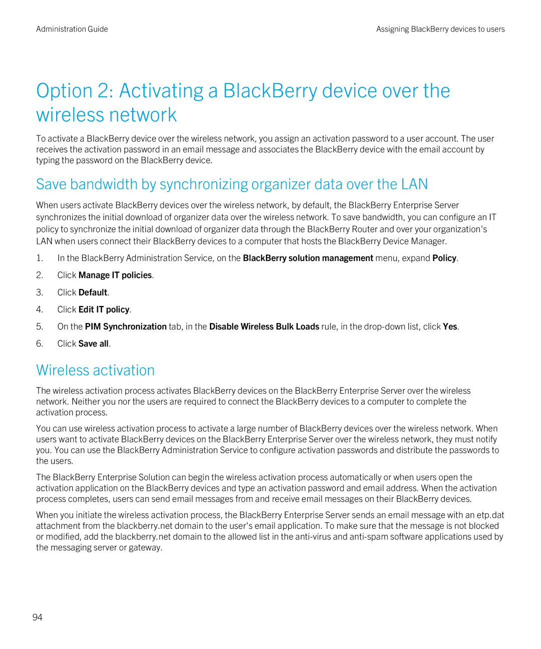 Blackberry SWD-20120924140022907 manual Save bandwidth by synchronizing organizer data over the LAN, Wireless activation 