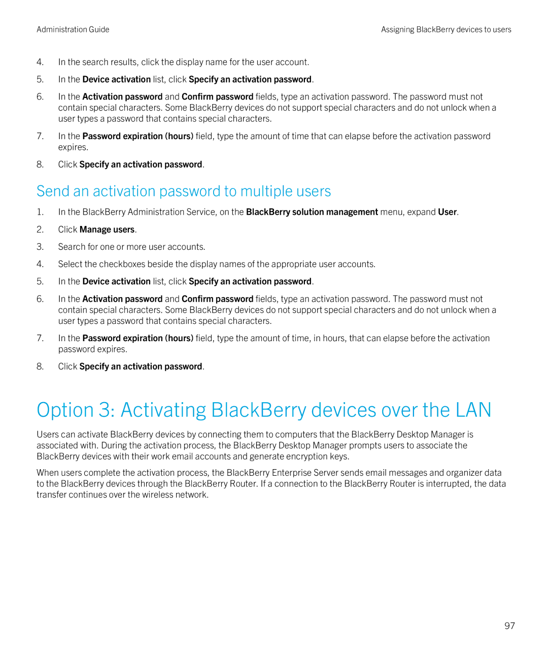 Blackberry SWD-20120924140022907 Option 3 Activating BlackBerry devices over the LAN, Click Specify an activation password 