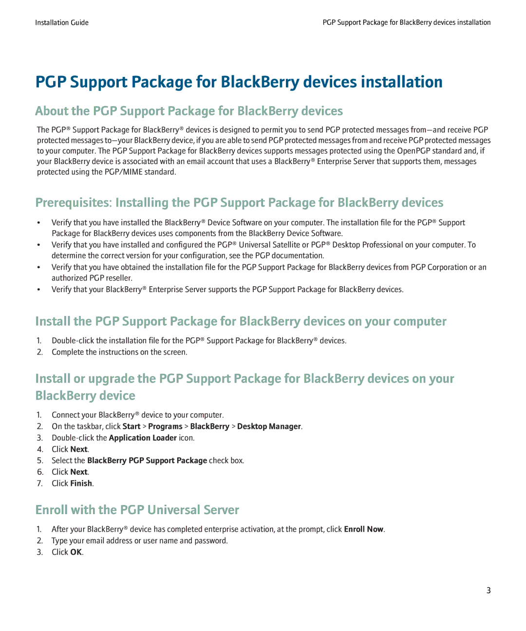 Blackberry SWD-500612 manual PGP Support Package for BlackBerry devices installation 