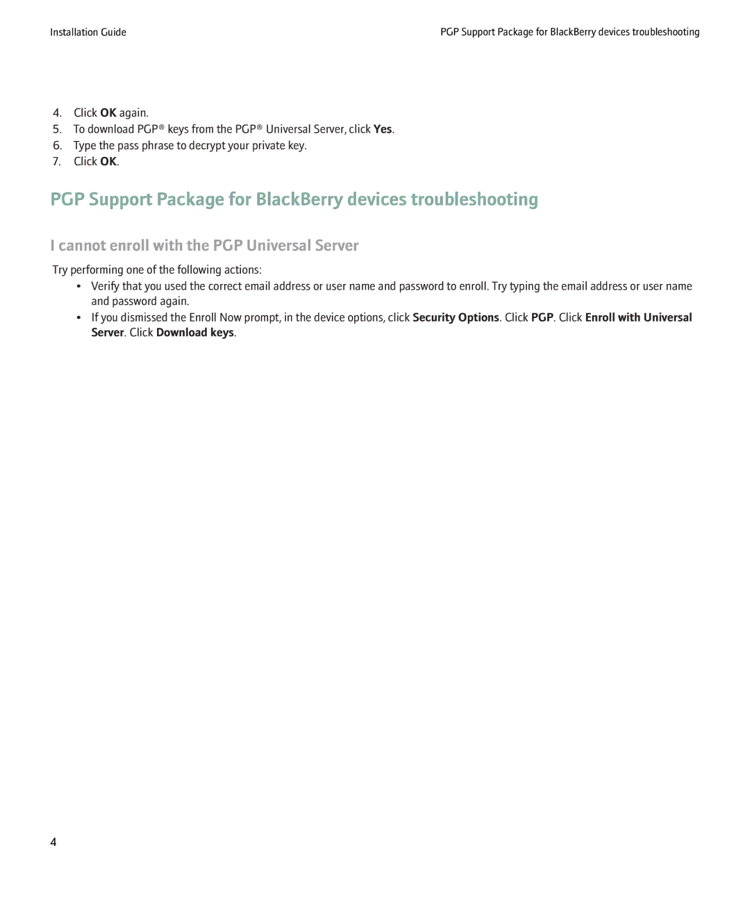 Blackberry SWD-500612 manual PGP Support Package for BlackBerry devices troubleshooting 