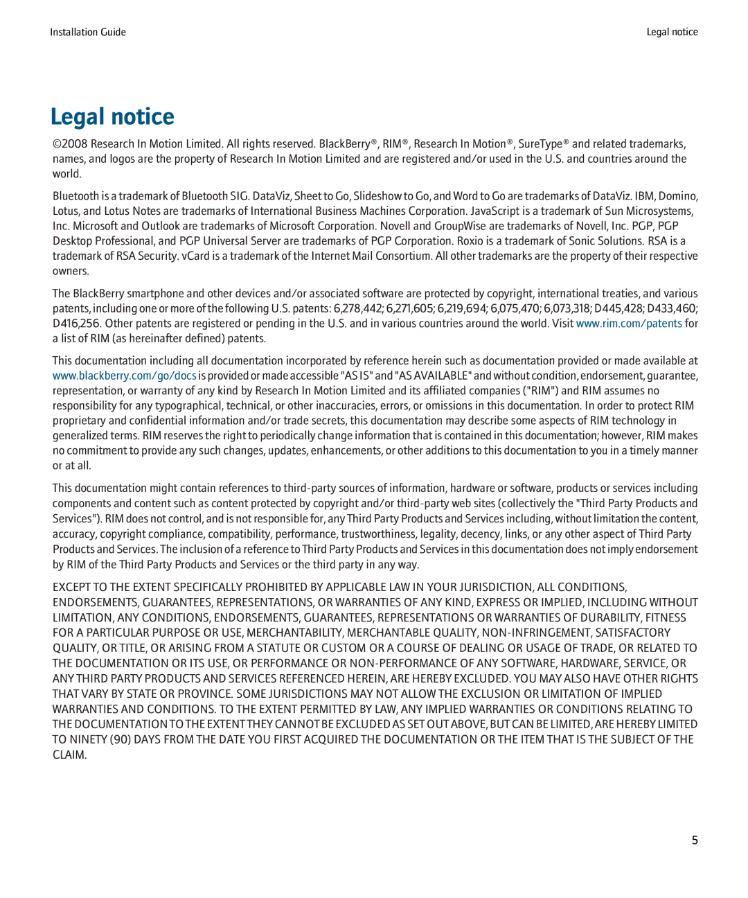 Blackberry SWD-500612 manual Legal notice 