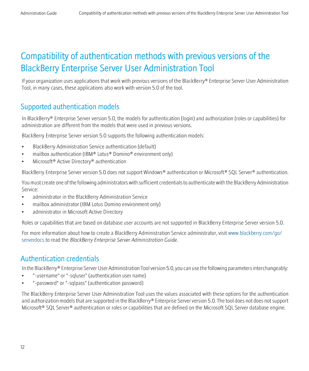 Blackberry SWD-504685-0330050601-001 manual Supported authentication models, Authentication credentials 