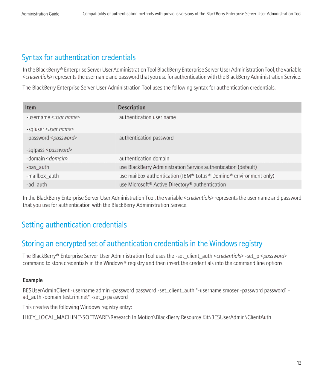 Blackberry SWD-504685-0330050601-001 manual Syntax for authentication credentials 