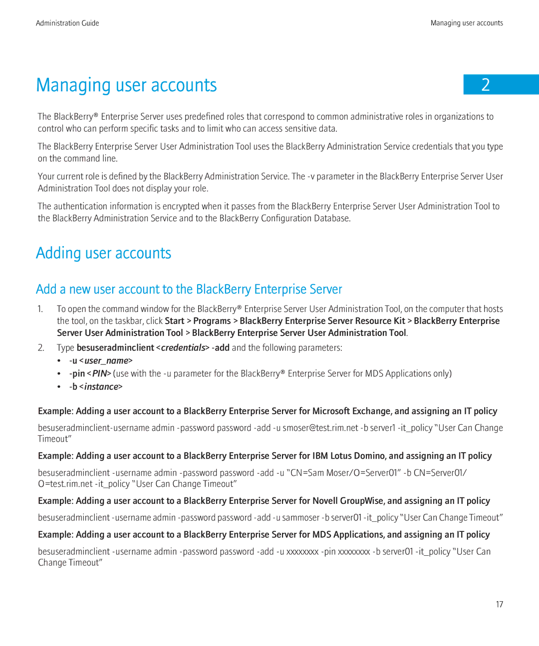 Blackberry SWD-504685-0330050601-001 manual Managing user accounts, Adding user accounts, Username, Instance 