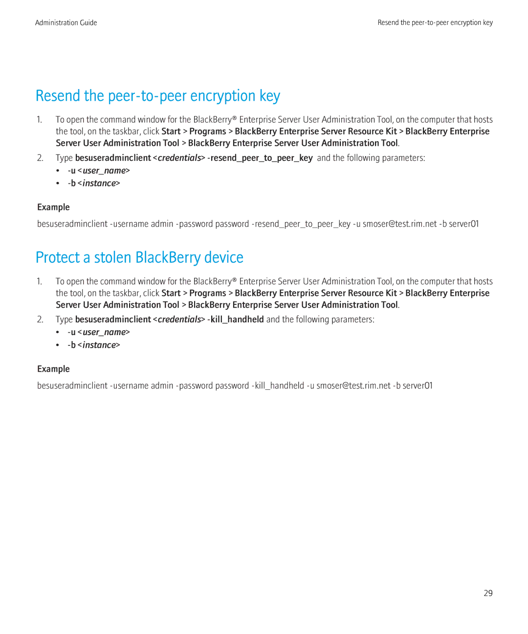 Blackberry SWD-504685-0330050601-001 manual Resend the peer-to-peer encryption key, Protect a stolen BlackBerry device 