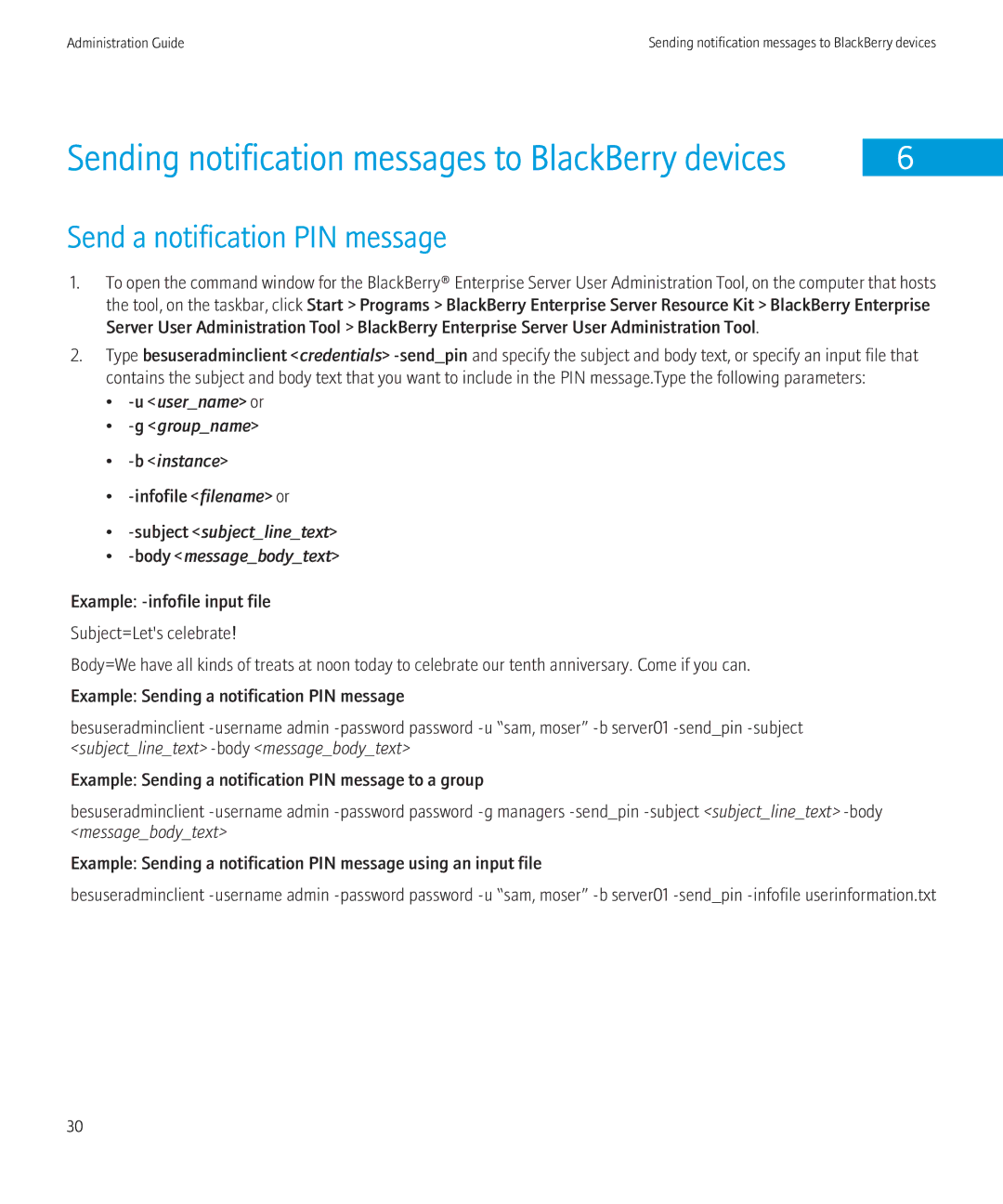 Blackberry SWD-504685-0330050601-001 Send a notification PIN message, Username or Groupname Instance, Infofile filename or 