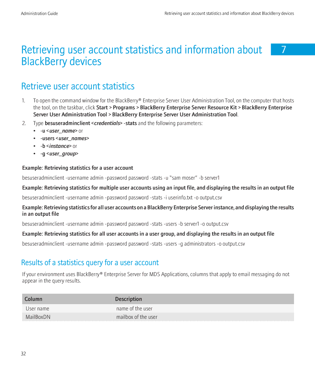 Blackberry SWD-504685-0330050601-001 manual BlackBerry devices, Retrieving user account statistics and information about 