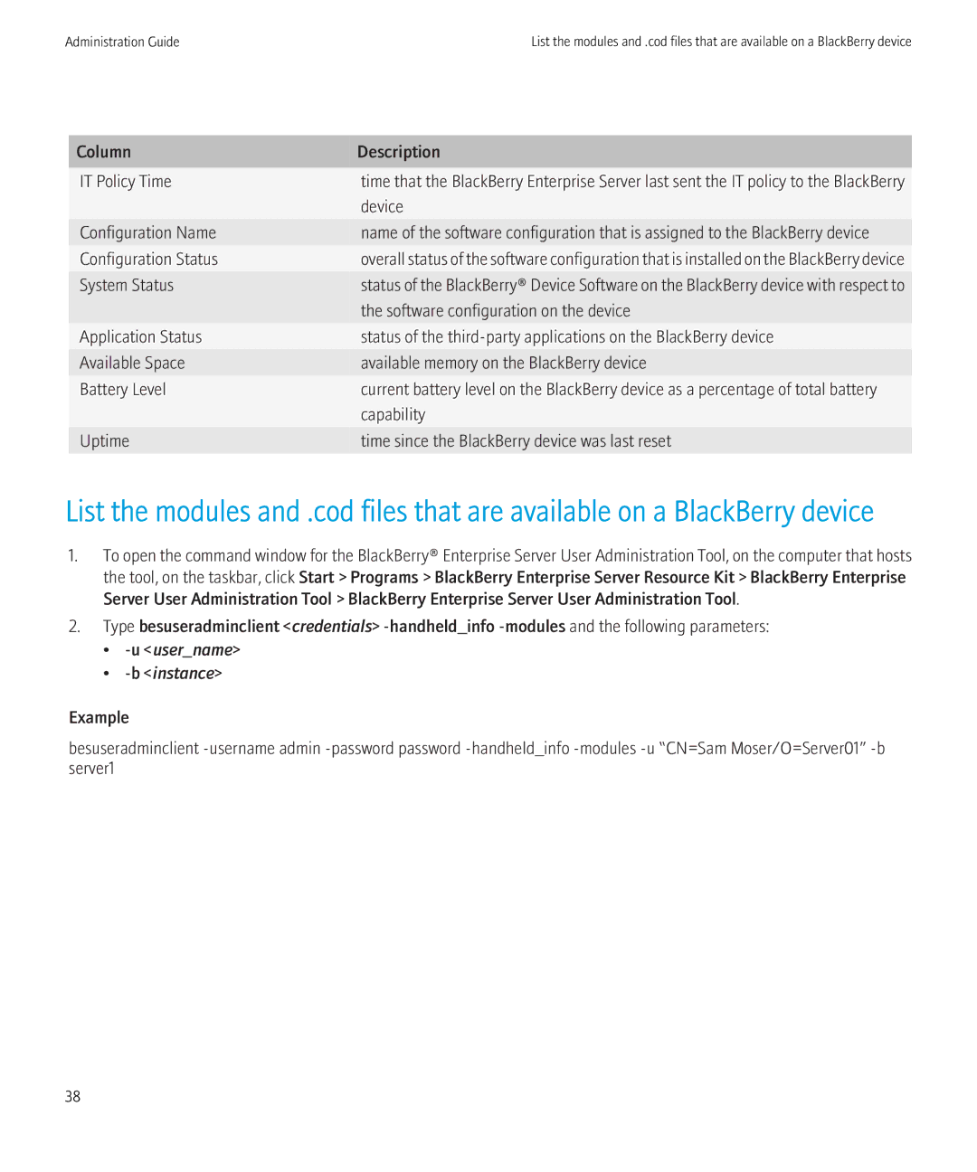 Blackberry SWD-504685-0330050601-001 manual Column Description IT Policy Time, System Status, Capability 