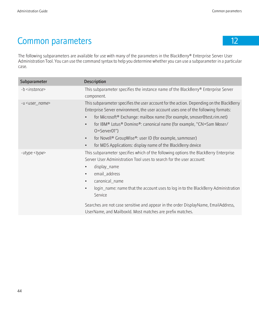 Blackberry SWD-504685-0330050601-001 manual Common parameters 