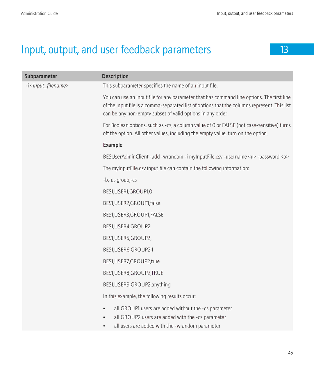 Blackberry SWD-504685-0330050601-001 manual Input, output, and user feedback parameters, Subparameter Description 