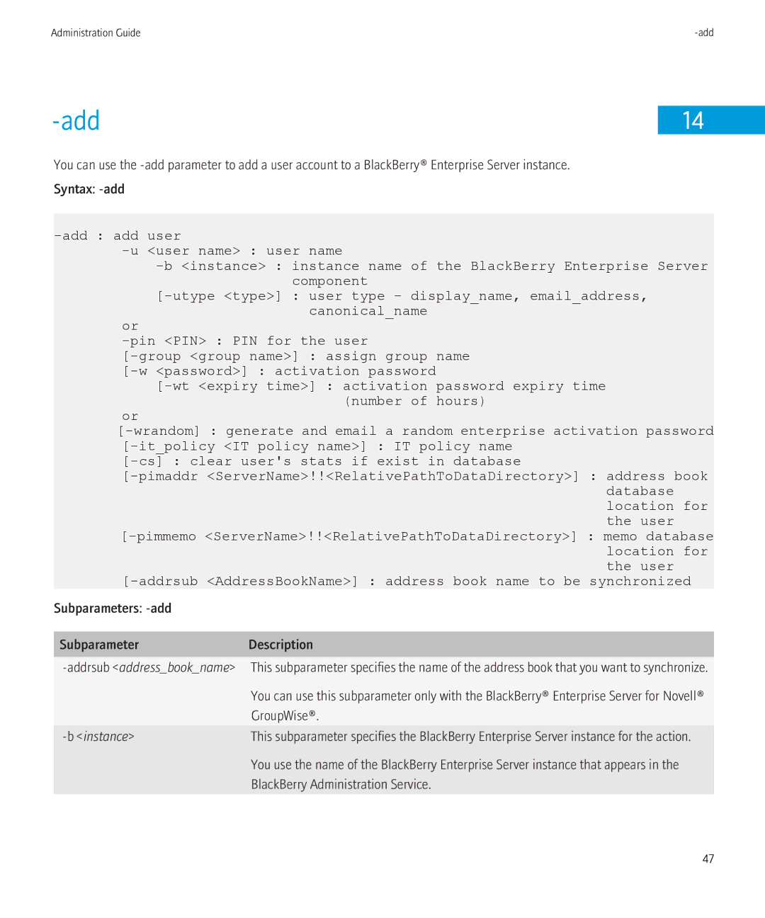 Blackberry SWD-504685-0330050601-001 manual Add, GroupWise, BlackBerry Administration Service 