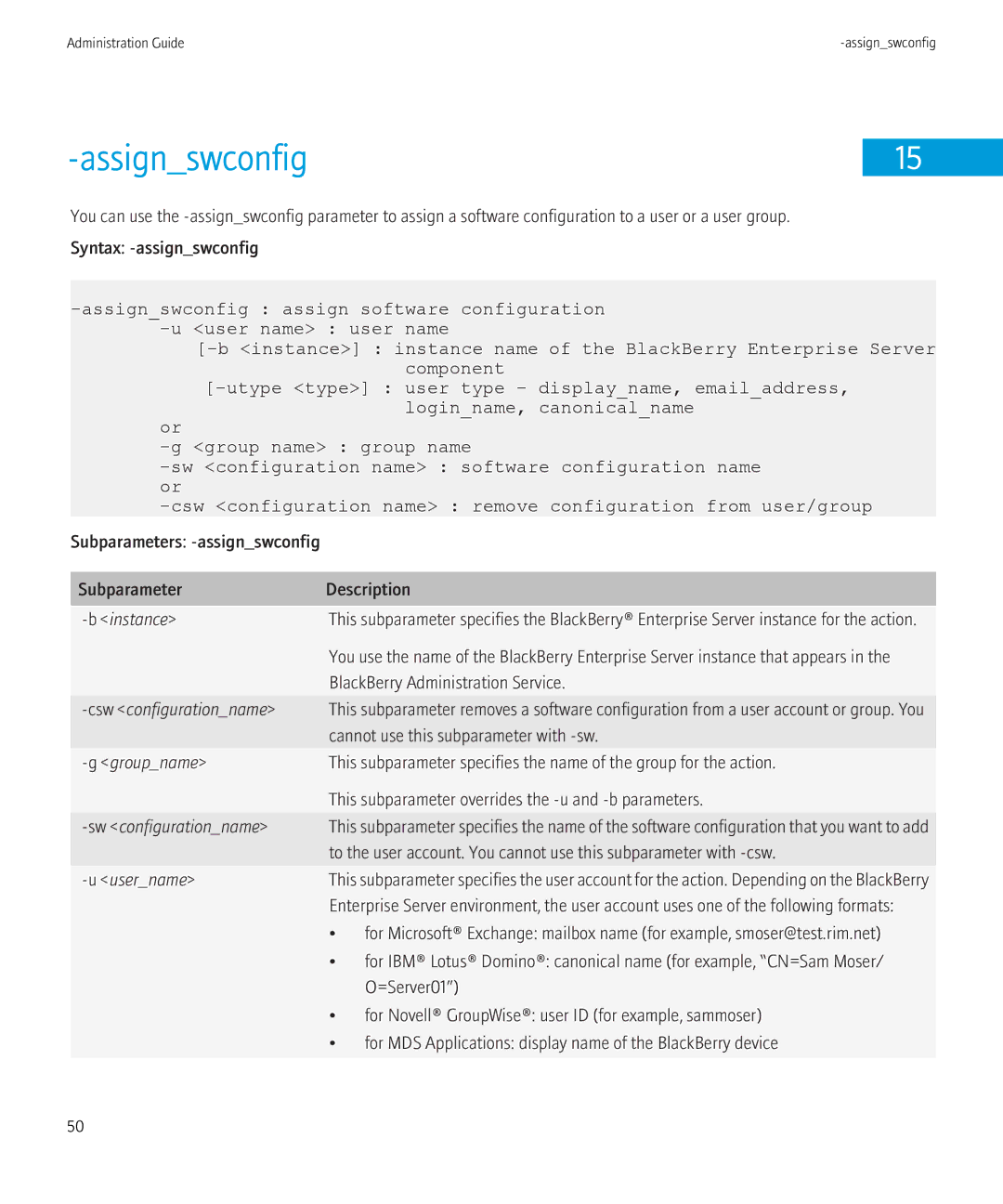 Blackberry SWD-504685-0330050601-001 Assignswconfig, Subparameters -assignswconfig Description, Csw configurationname 