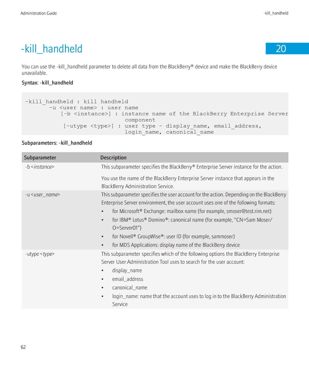 Blackberry SWD-504685-0330050601-001 manual Killhandheld, Subparameters -killhandheld Description 