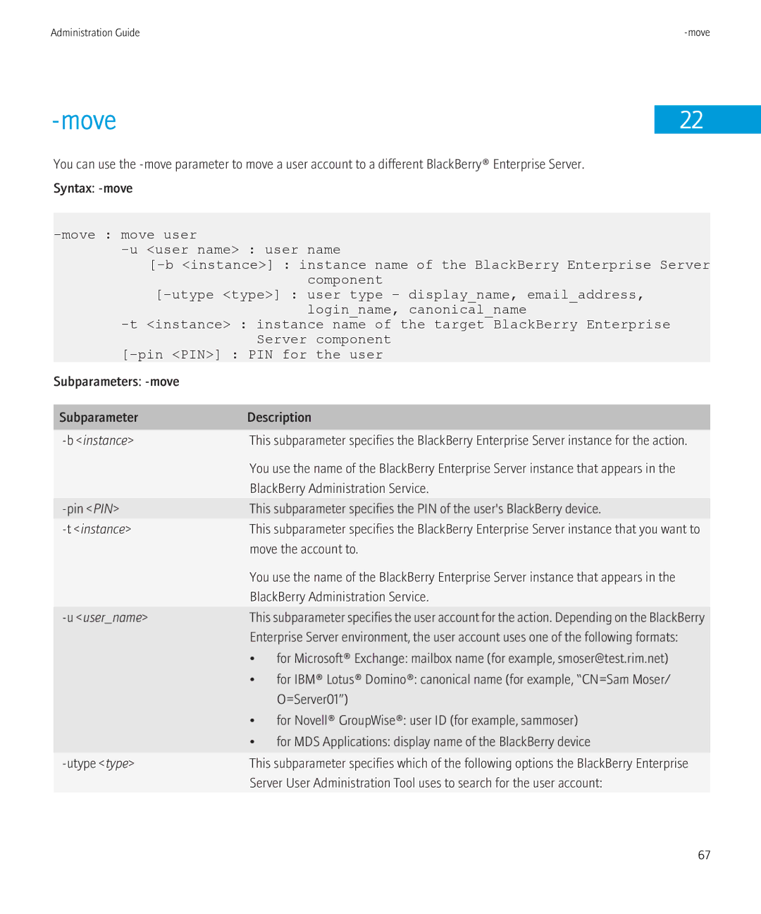 Blackberry SWD-504685-0330050601-001 manual Subparameters -move Description, Move the account to 