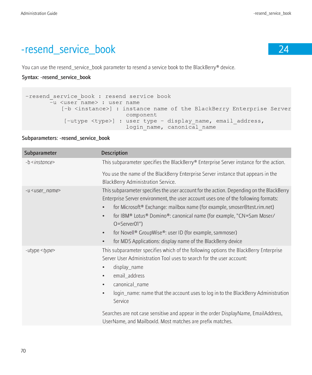 Blackberry SWD-504685-0330050601-001 manual Resendservicebook, Subparameters -resendservicebook Description 