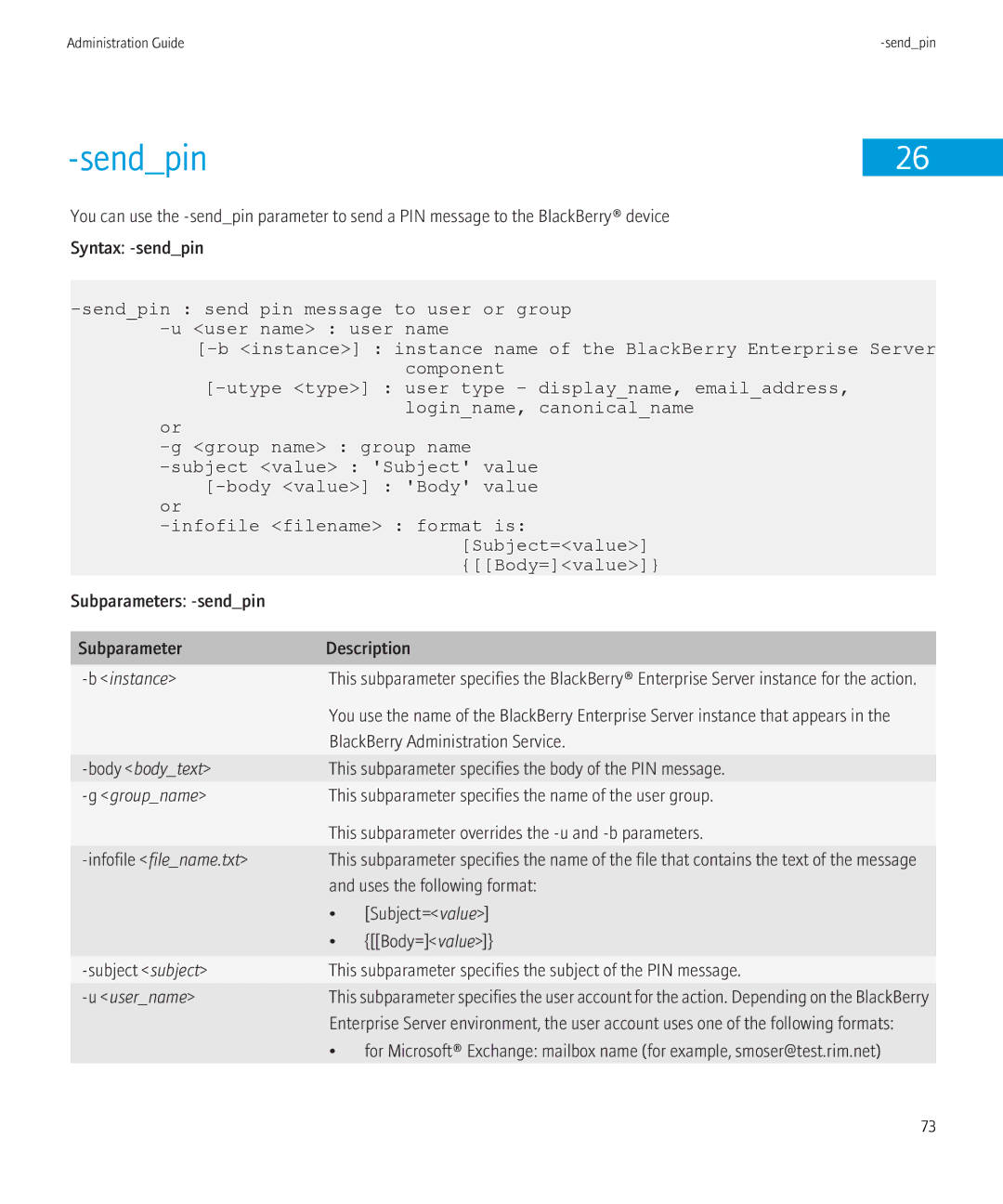 Blackberry SWD-504685-0330050601-001 manual Sendpin, Subparameters -sendpin Description 