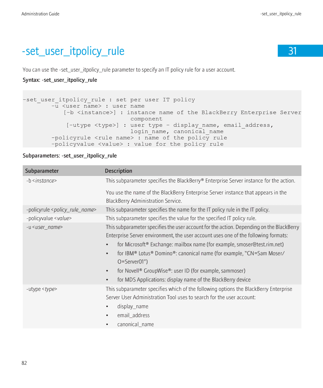 Blackberry SWD-504685-0330050601-001 manual Setuseritpolicyrule, Subparameters -setuseritpolicyrule Description 