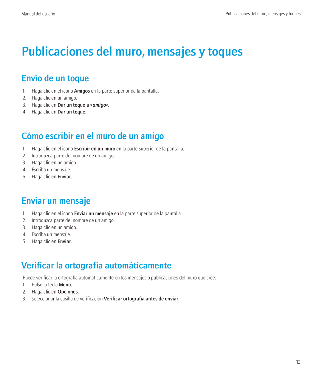 Blackberry SWDT266756-1153801-0818042737-005 manual Publicaciones del muro, mensajes y toques, Envío de un toque 