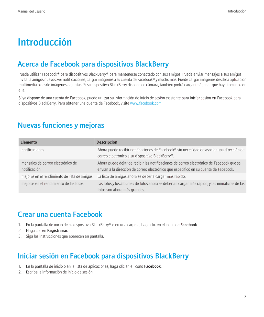 Blackberry SWDT266756-1153801-0818042737-005 manual Introducción, Acerca de Facebook para dispositivos BlackBerry 