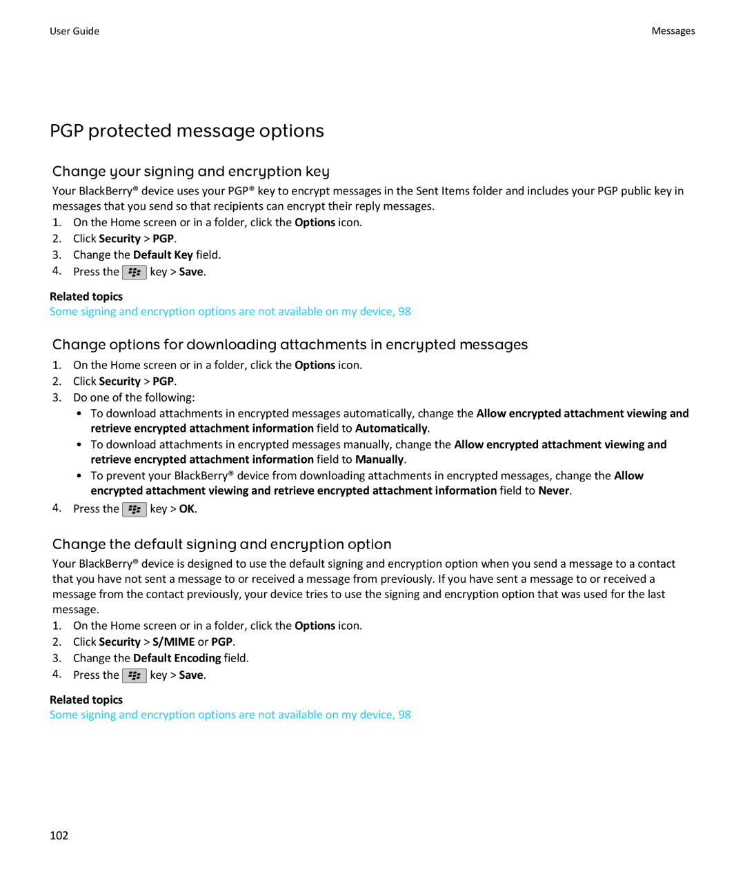 Blackberry SWDT643442-941426-0201084713-001 PGP protected message options, Change your signing and encryption key, 102 