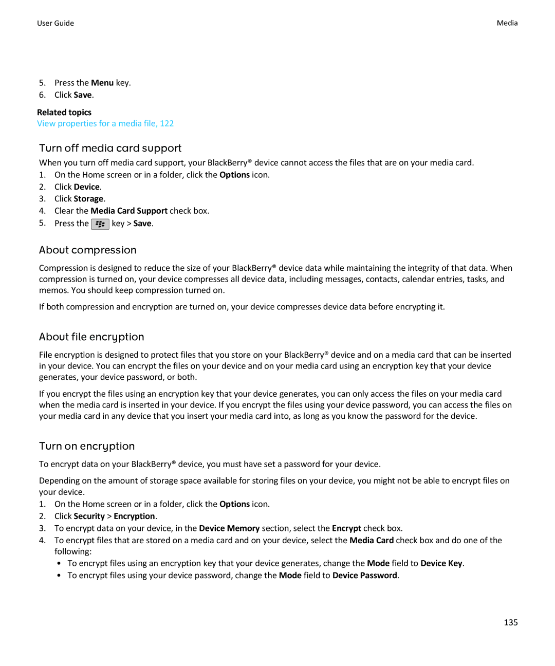 Blackberry SWDT643442-941426-0201084713-001 manual Turn off media card support, About compression, About file encryption 