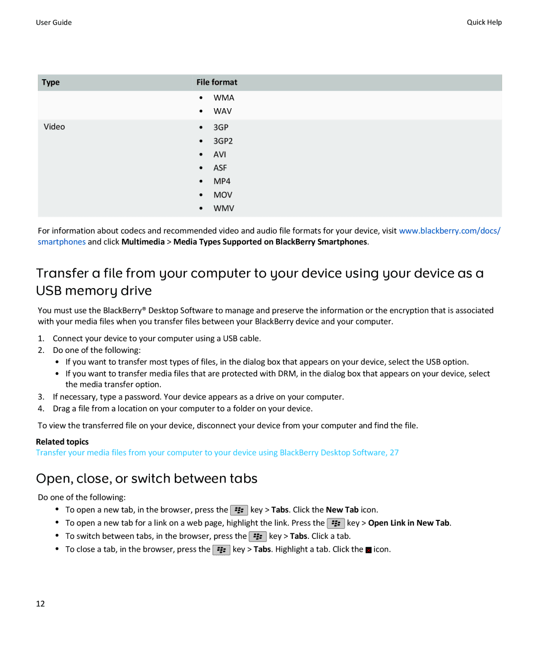 Blackberry SWDT643442-941426-0201084713-001 manual Open, close, or switch between tabs, Video, 3GP2 