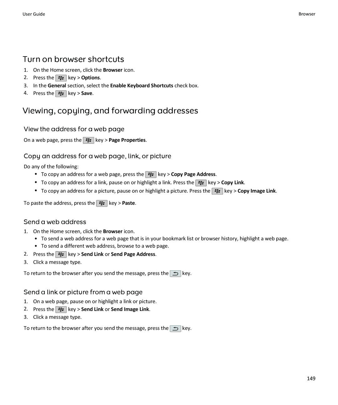 Blackberry SWDT643442-941426-0201084713-001 manual Turn on browser shortcuts, Viewing, copying, and forwarding addresses 