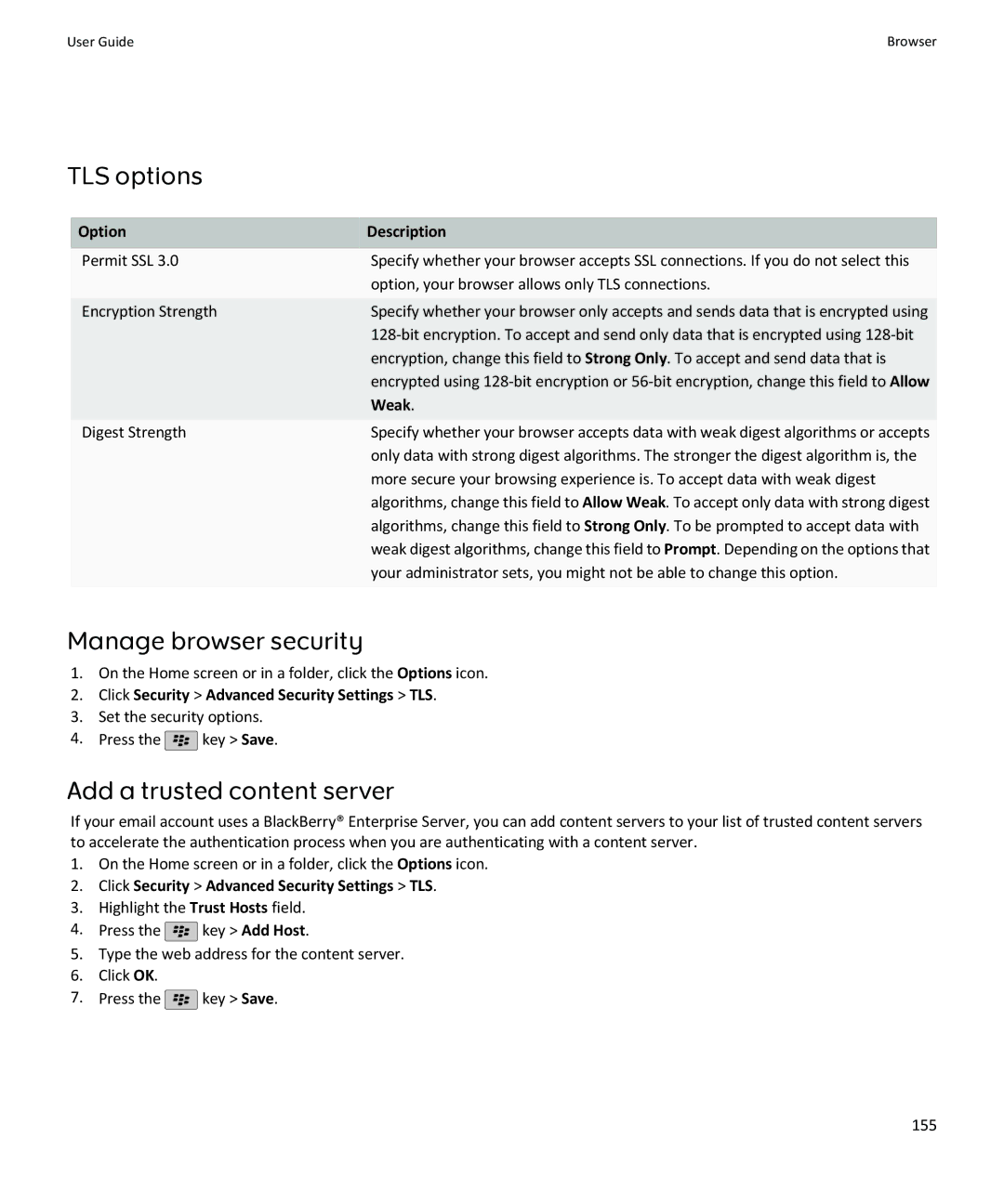 Blackberry SWDT643442-941426-0201084713-001 manual TLS options, Manage browser security, Add a trusted content server, Weak 