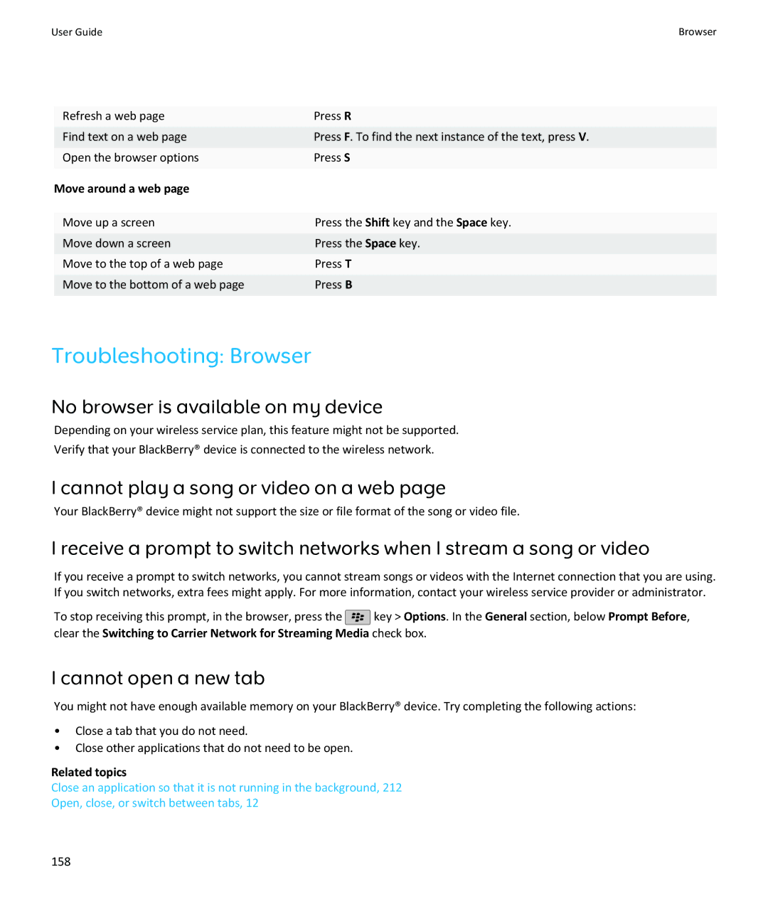 Blackberry SWDT643442-941426-0201084713-001 manual Troubleshooting Browser, No browser is available on my device, 158 