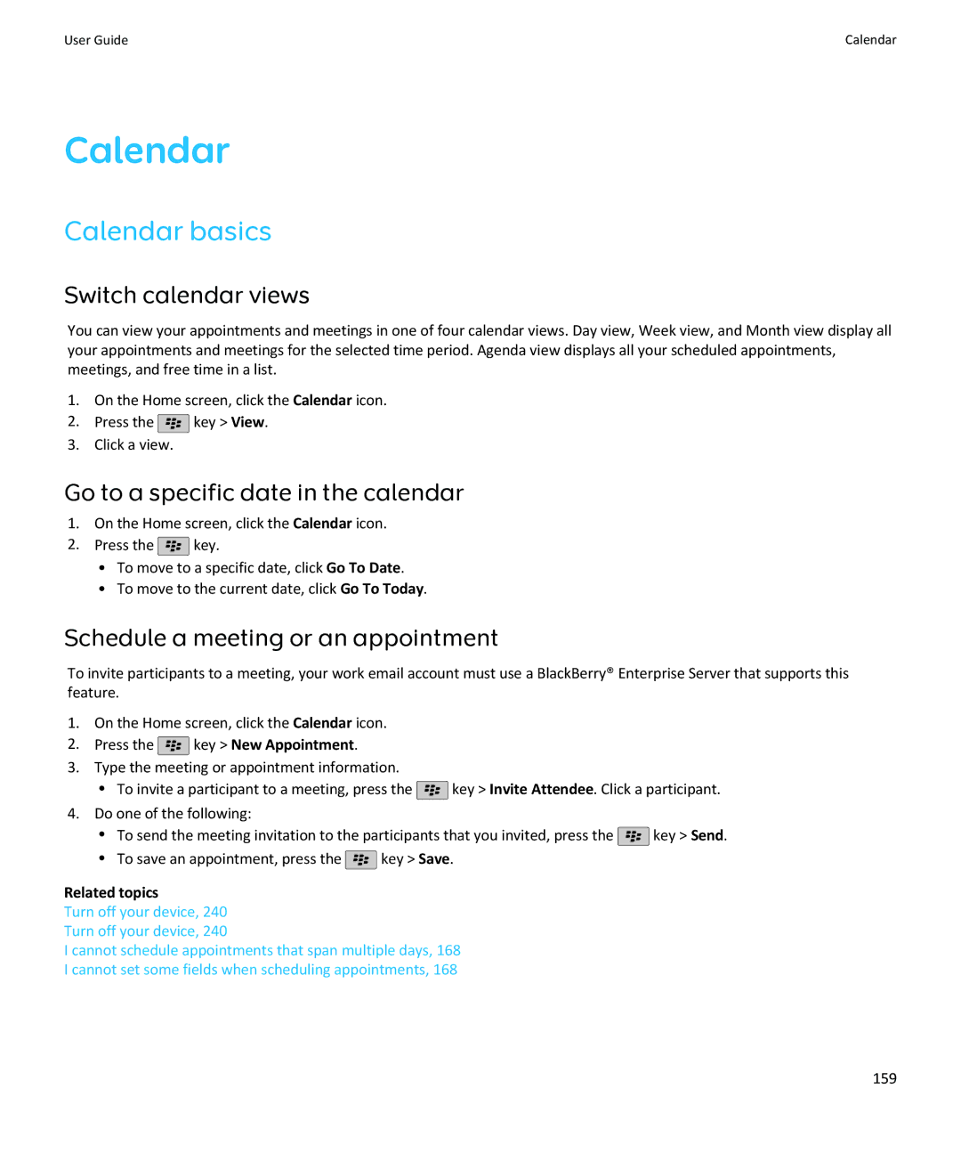 Blackberry SWDT643442-941426-0201084713-001 manual Calendar basics, Switch calendar views 