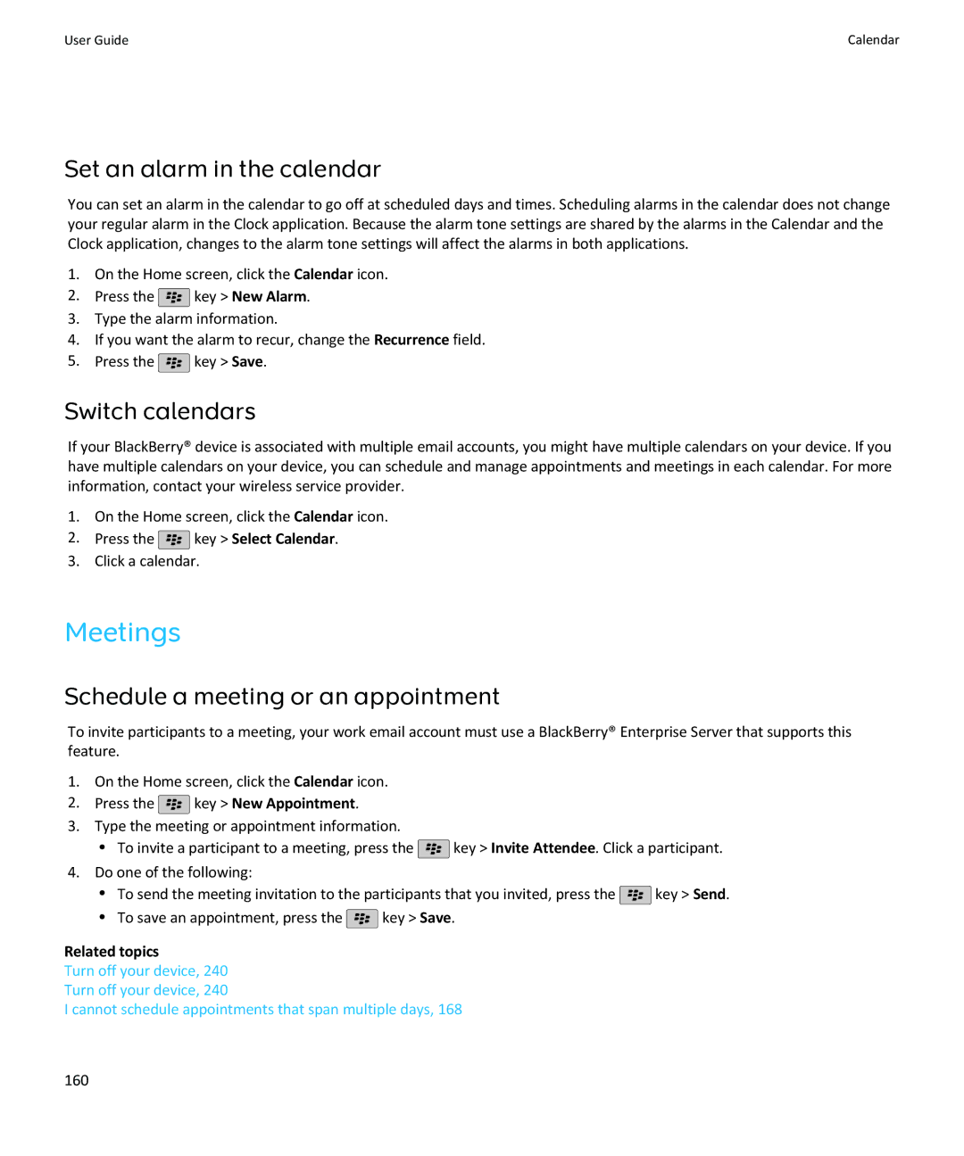 Blackberry SWDT643442-941426-0201084713-001 manual Meetings, Set an alarm in the calendar, Switch calendars, 160 