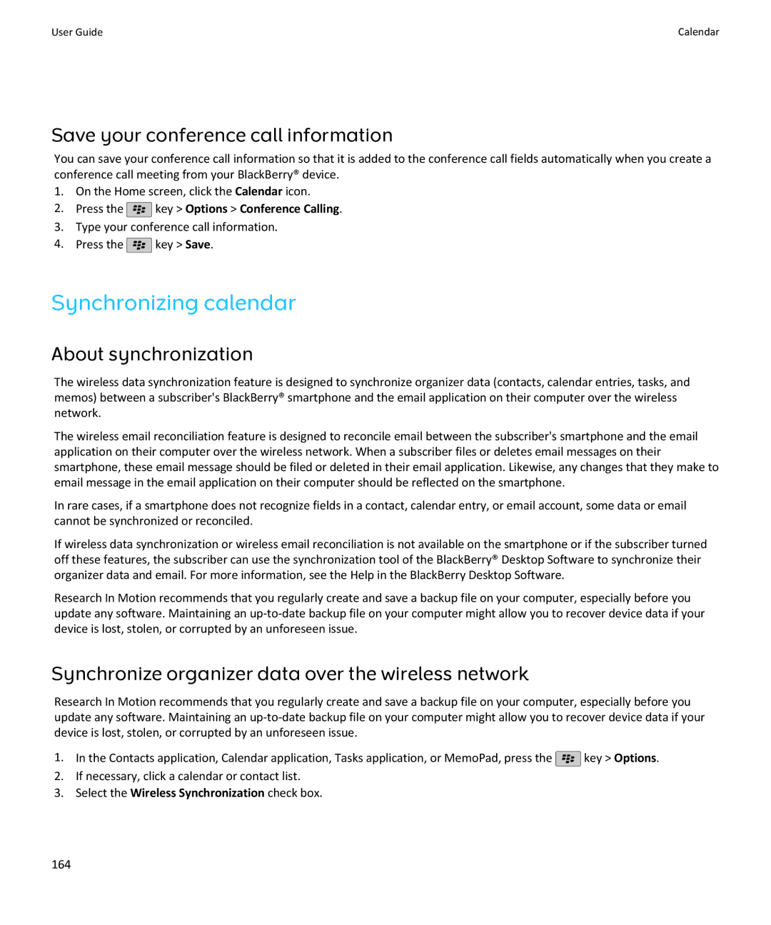 Blackberry SWDT643442-941426-0201084713-001 manual Synchronizing calendar, Save your conference call information 