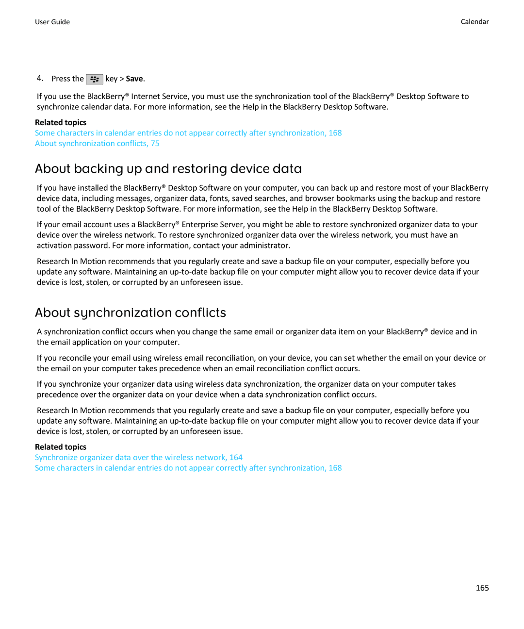 Blackberry SWDT643442-941426-0201084713-001 About backing up and restoring device data, About synchronization conflicts 