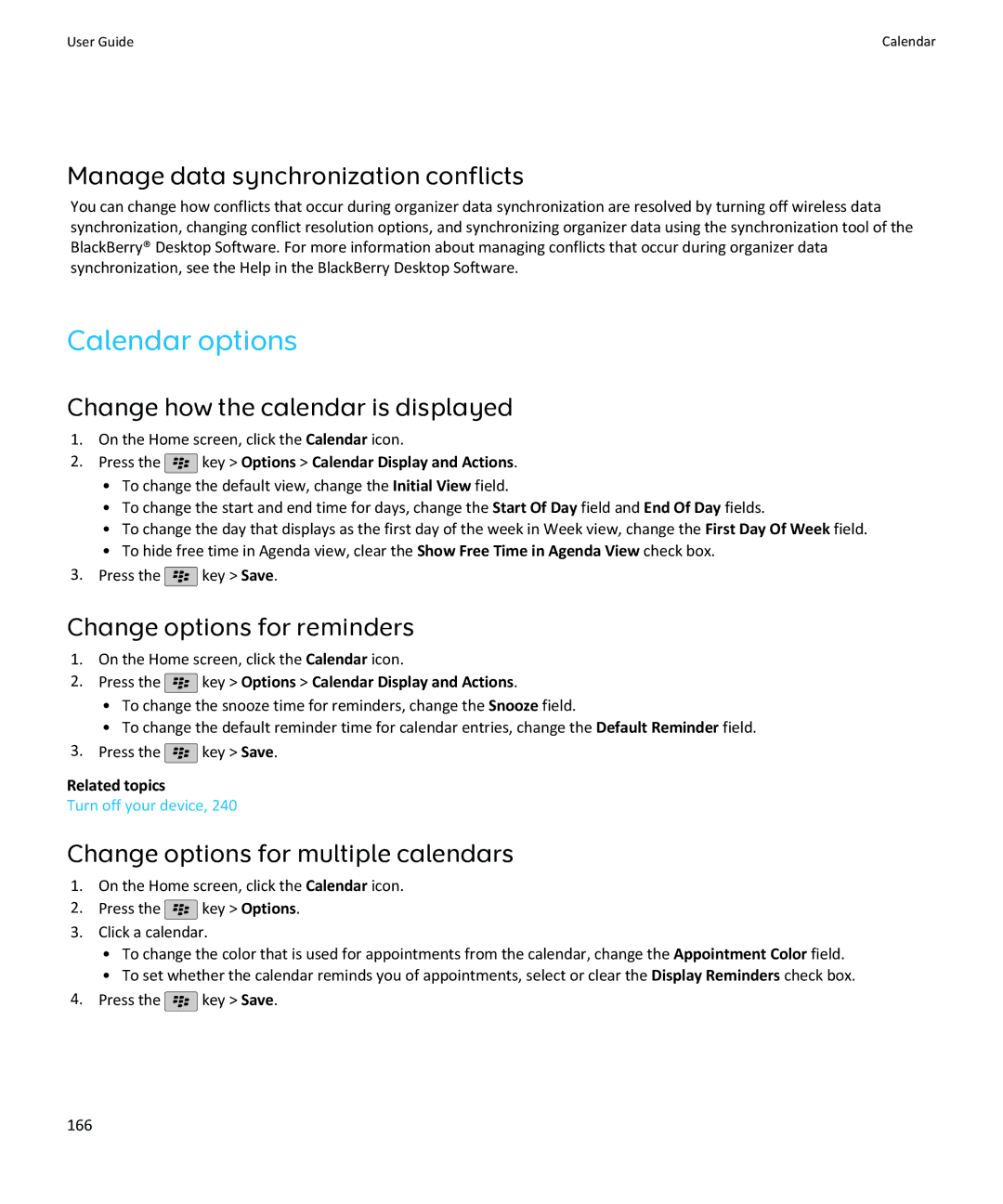 Blackberry SWDT643442-941426-0201084713-001 manual Calendar options, Manage data synchronization conflicts 