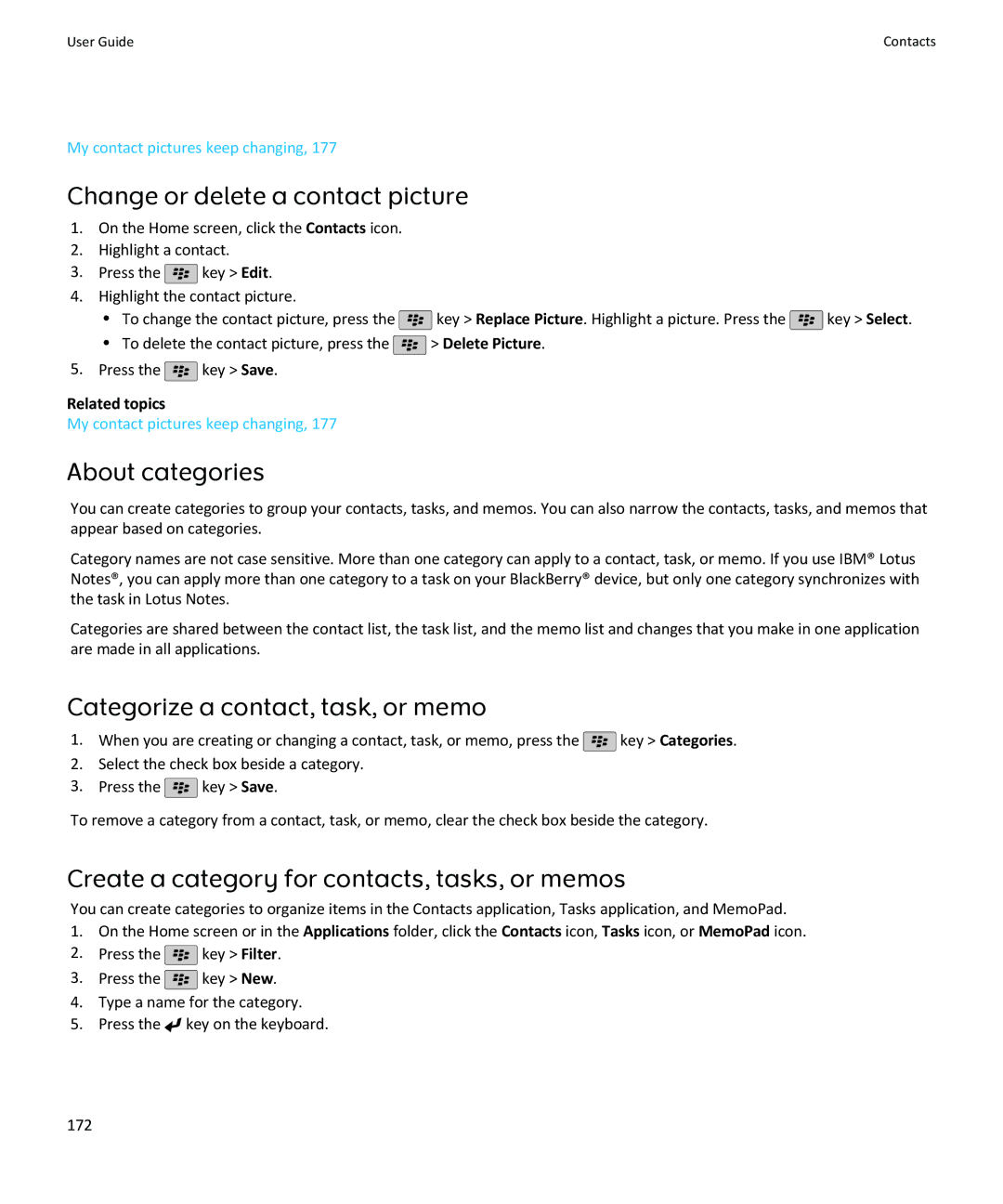 Blackberry SWDT643442-941426-0201084713-001 manual Change or delete a contact picture, About categories 