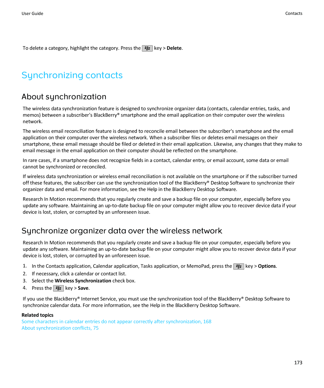 Blackberry SWDT643442-941426-0201084713-001 manual Synchronizing contacts, 173 