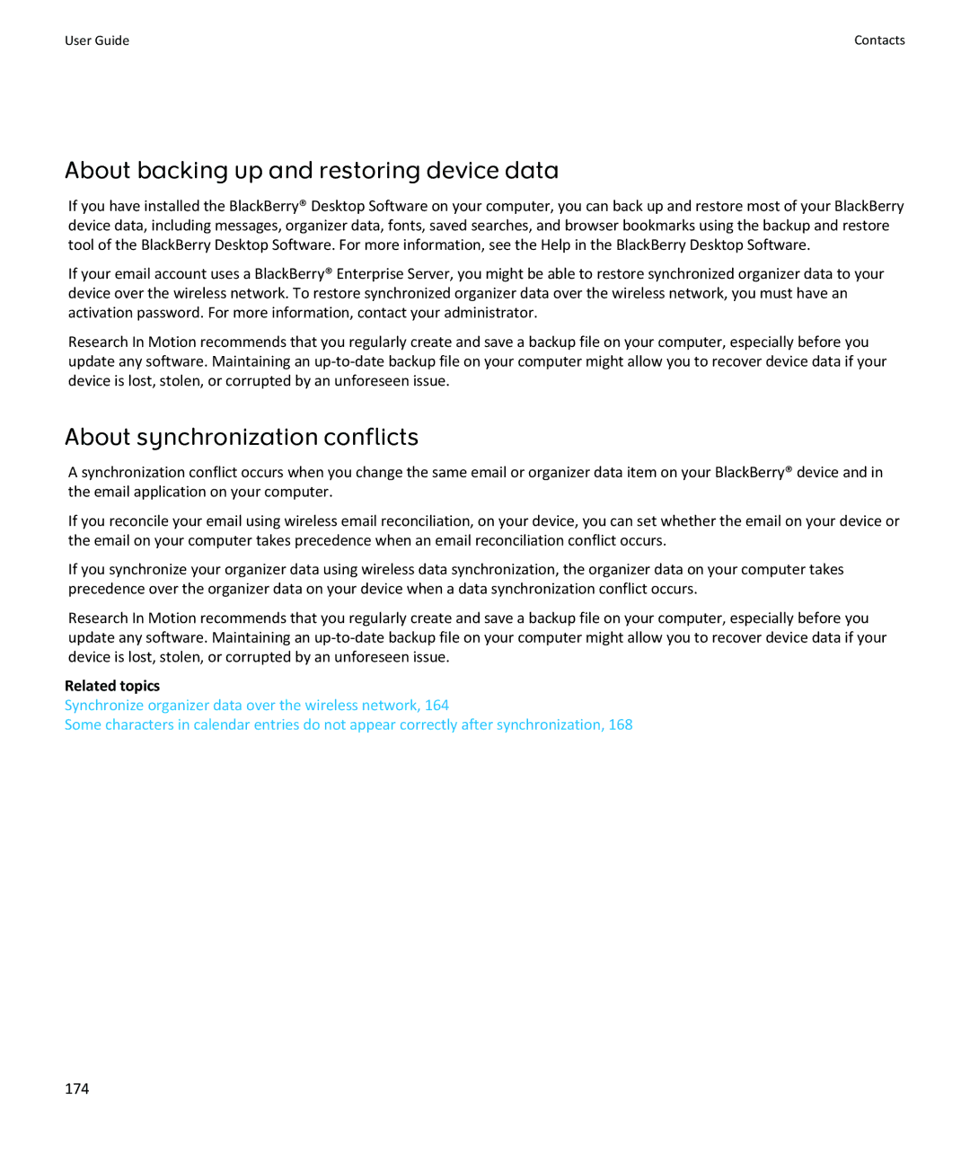 Blackberry SWDT643442-941426-0201084713-001 manual About backing up and restoring device data, 174 
