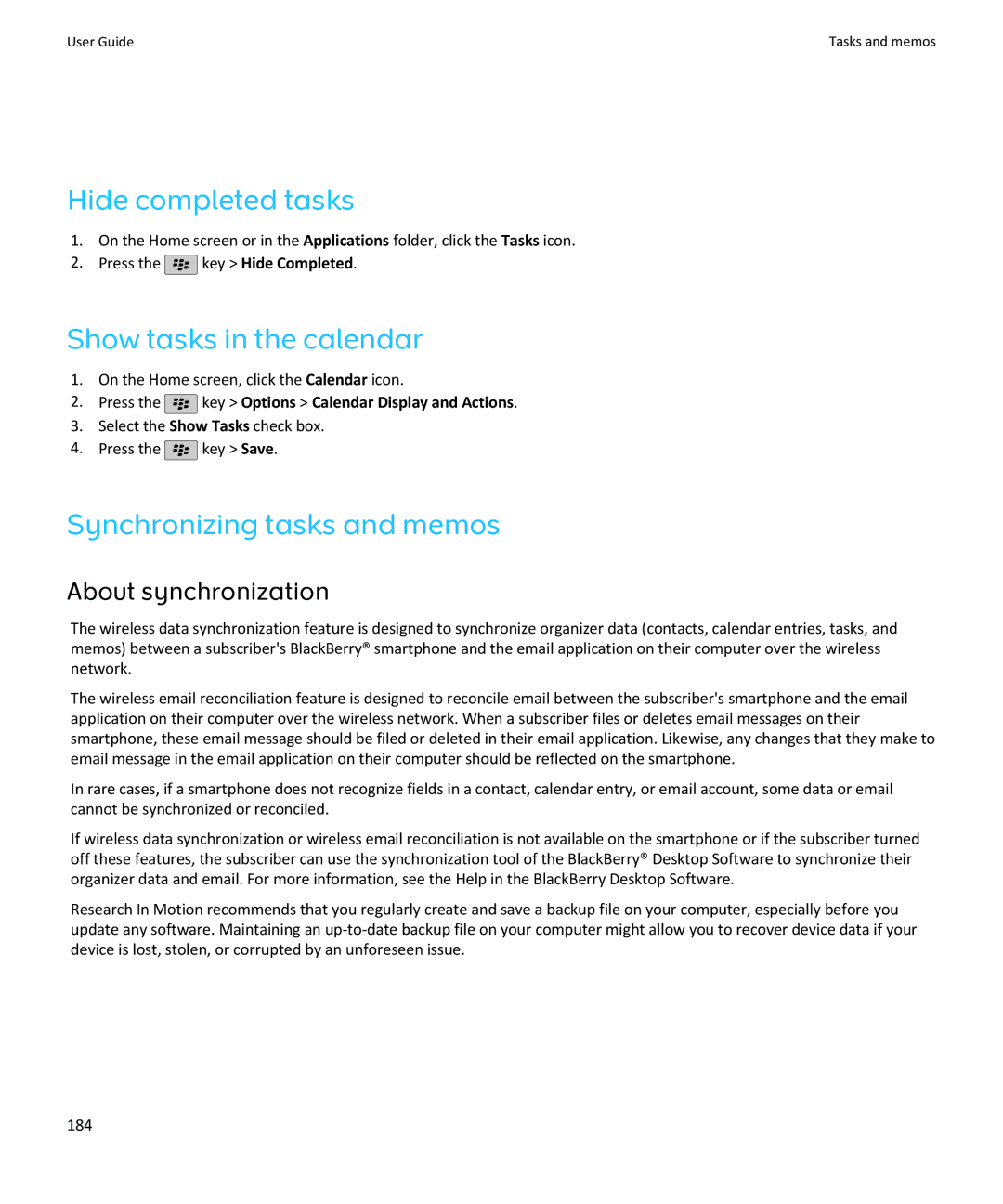 Blackberry SWDT643442-941426-0201084713-001 manual Hide completed tasks, Show tasks in the calendar 