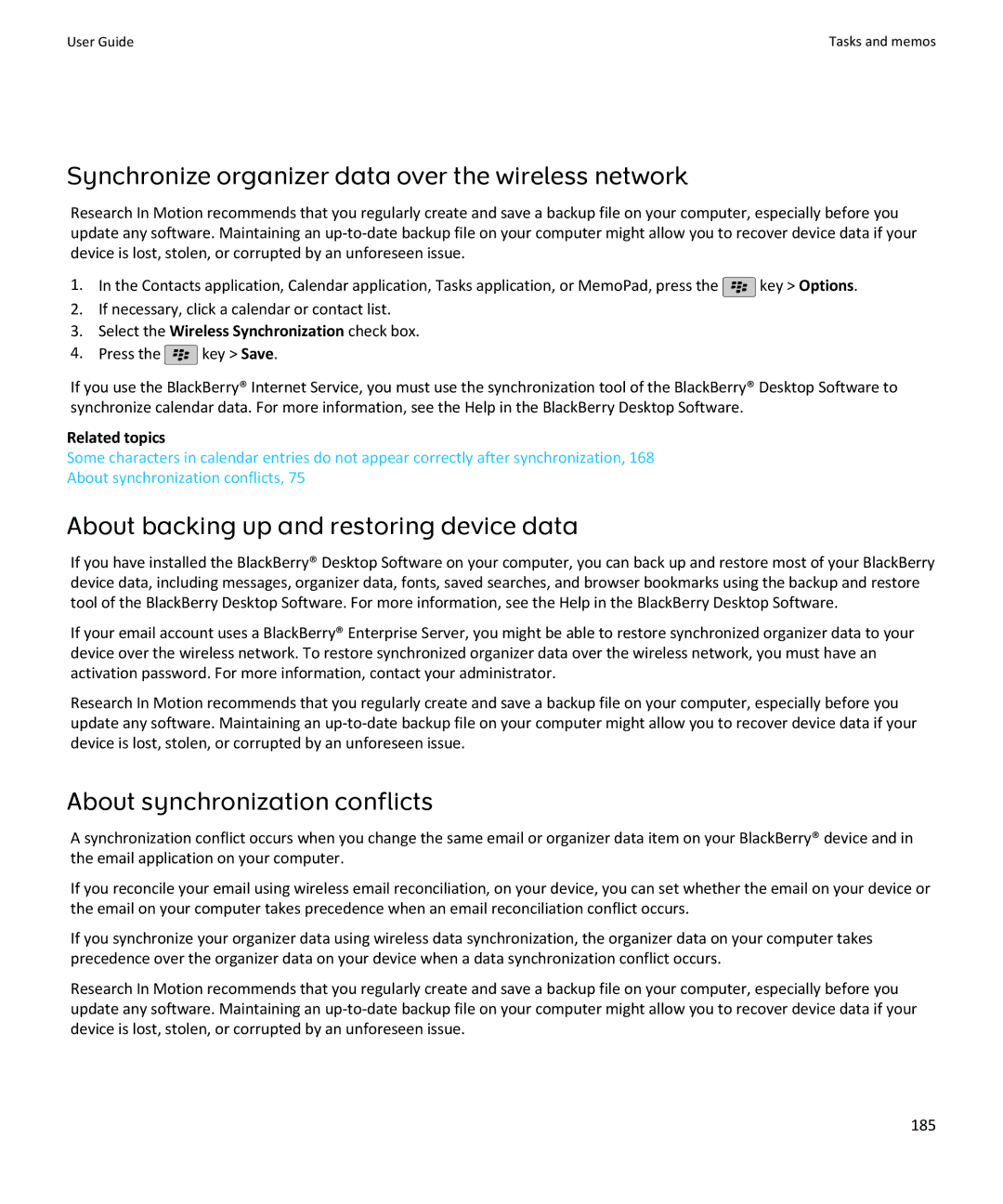 Blackberry SWDT643442-941426-0201084713-001 manual Synchronize organizer data over the wireless network 