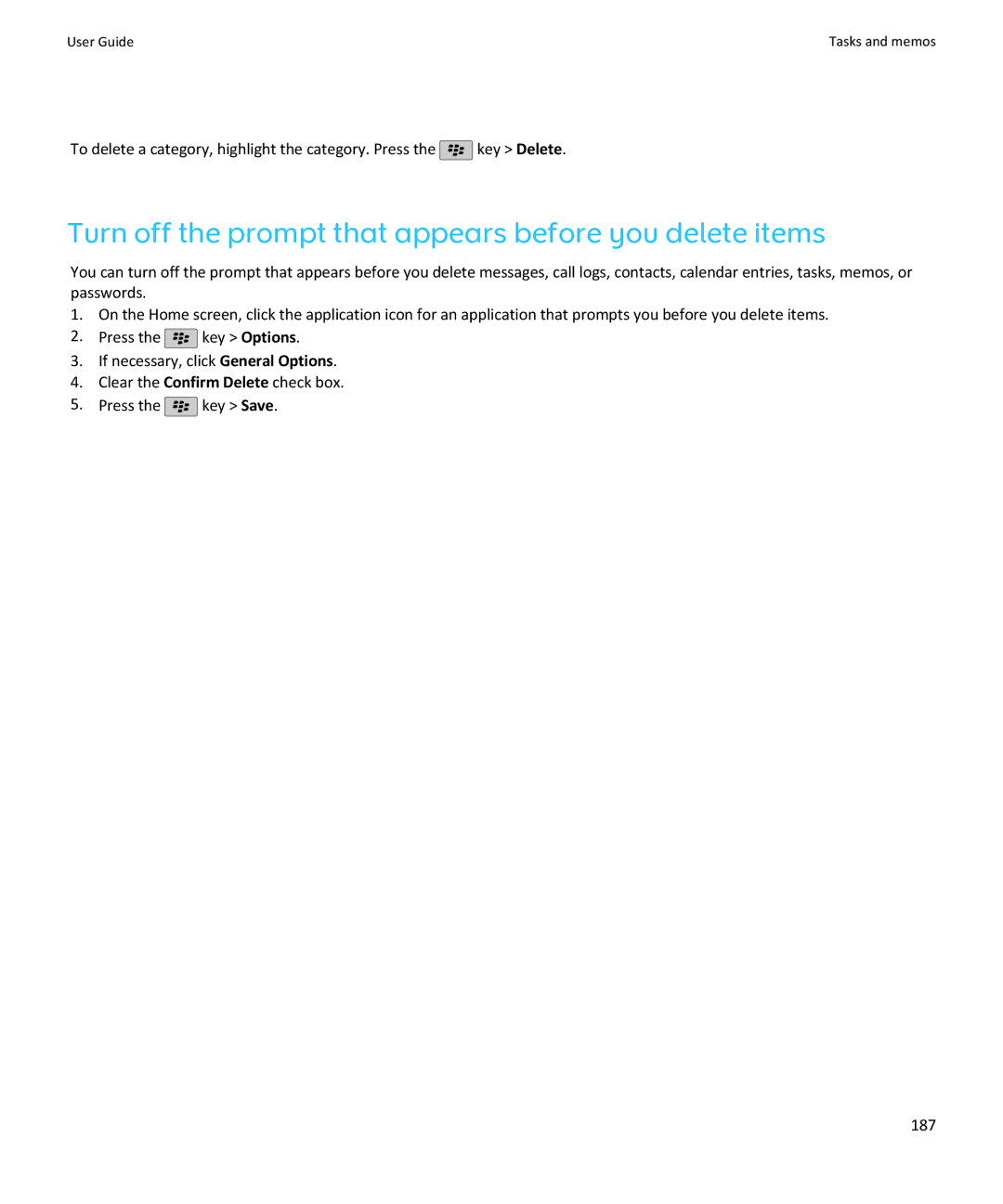 Blackberry SWDT643442-941426-0201084713-001 manual Turn off the prompt that appears before you delete items 
