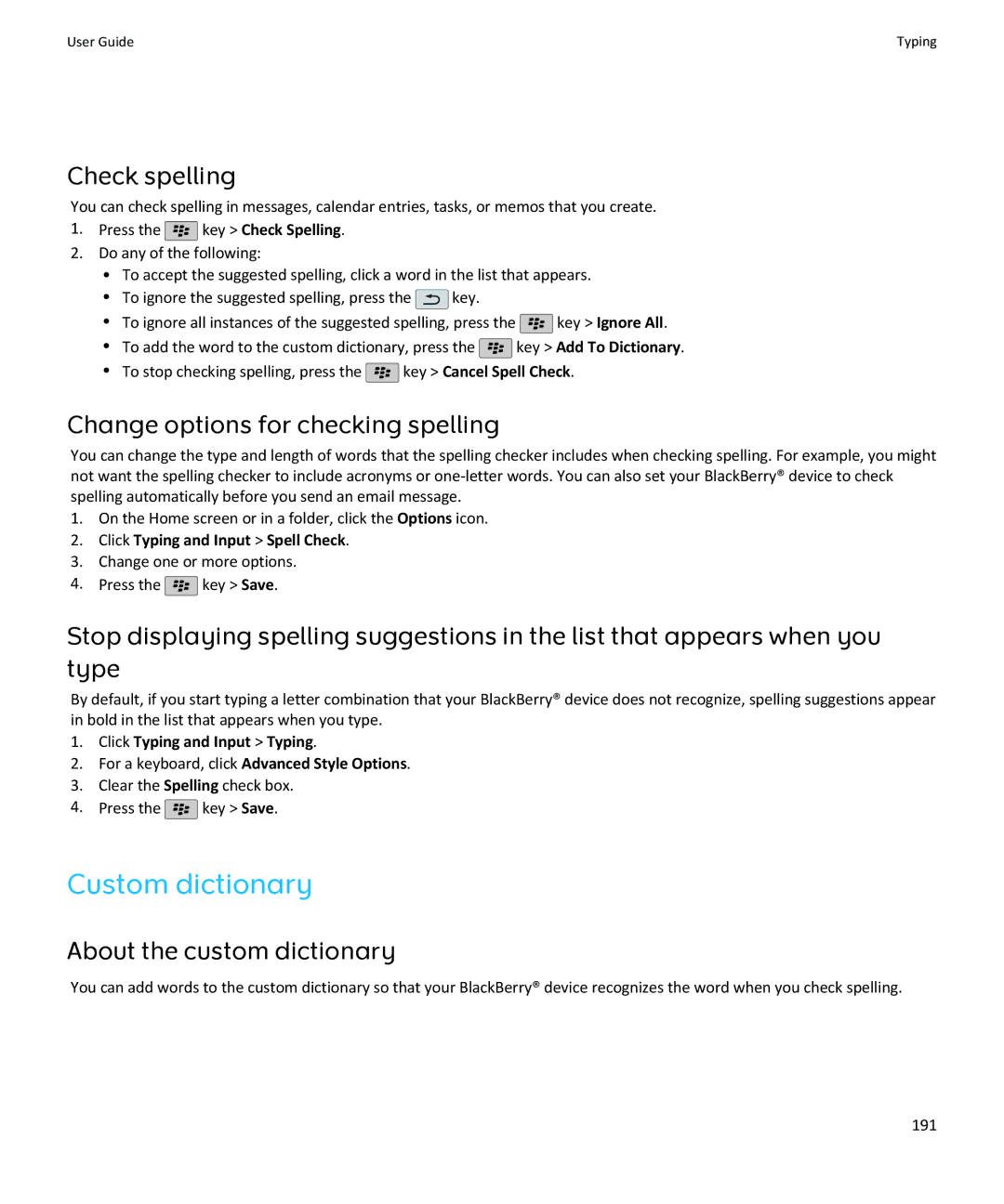 Blackberry SWDT643442-941426-0201084713-001 manual Custom dictionary, Check spelling, Change options for checking spelling 