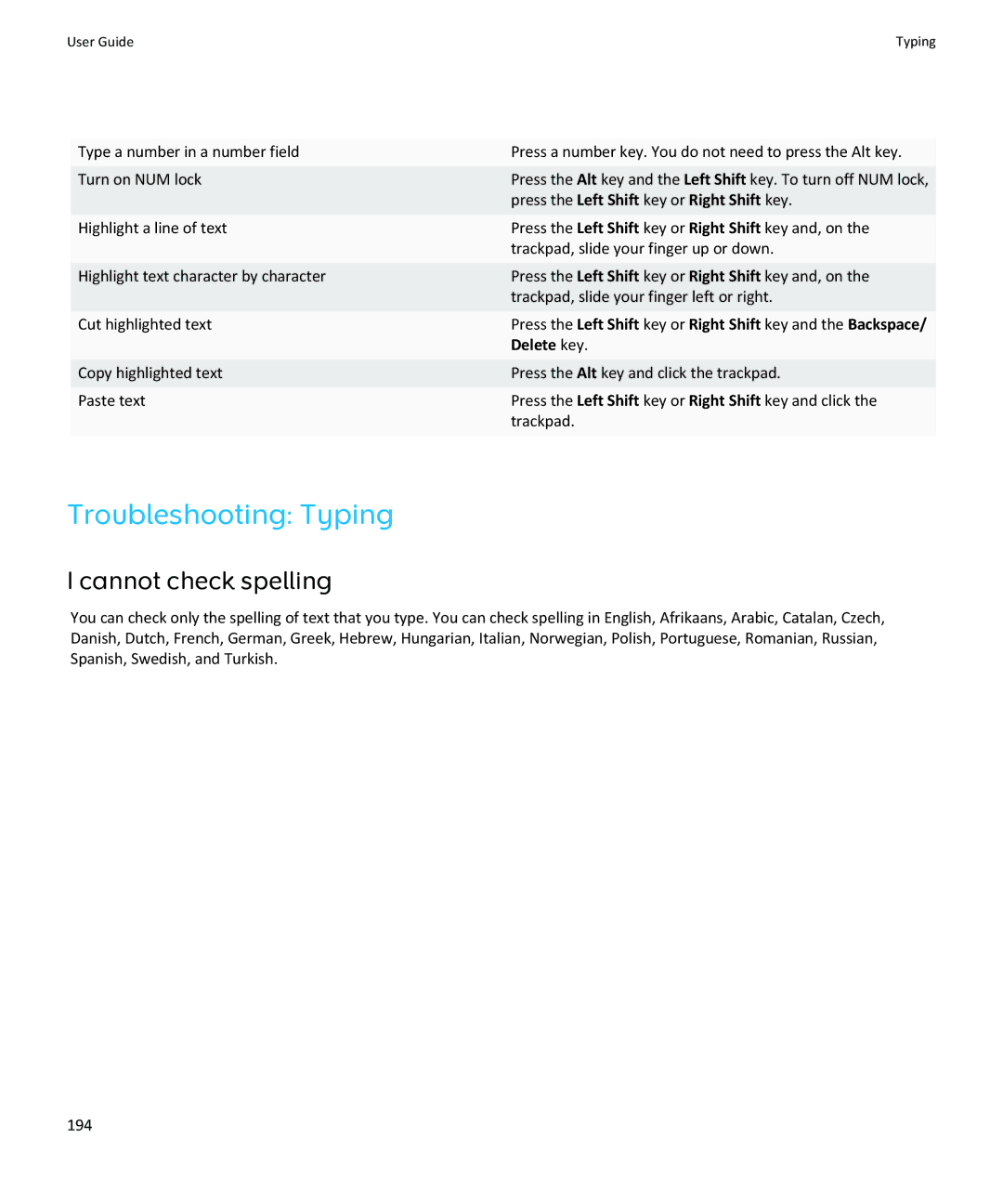 Blackberry SWDT643442-941426-0201084713-001 manual Troubleshooting Typing, Cannot check spelling 