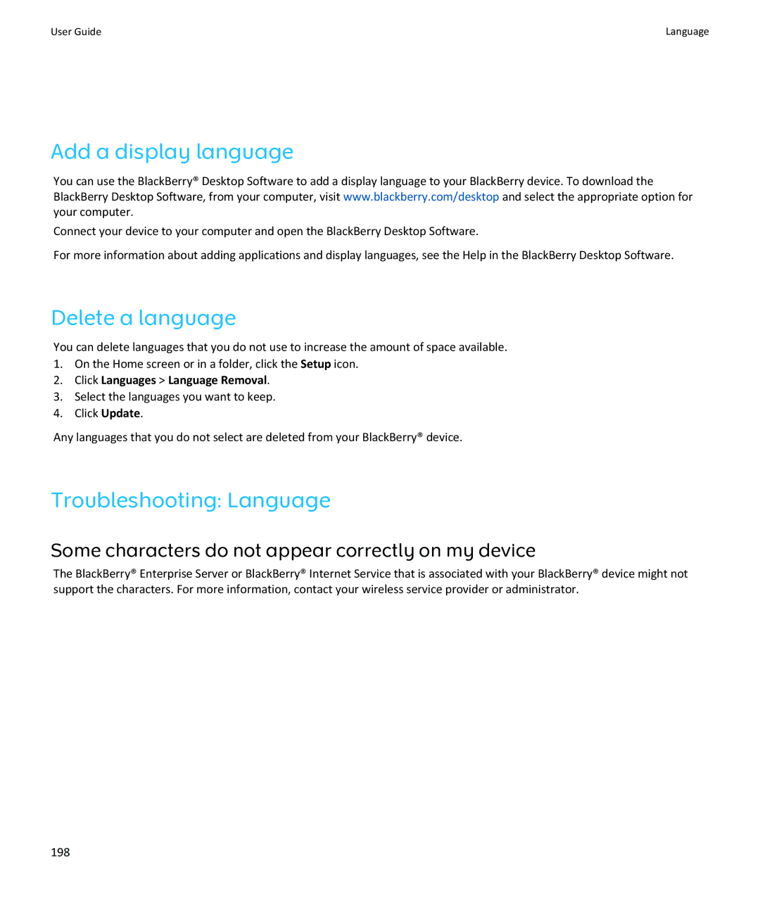 Blackberry SWDT643442-941426-0201084713-001 manual Add a display language, Delete a language, Troubleshooting Language 