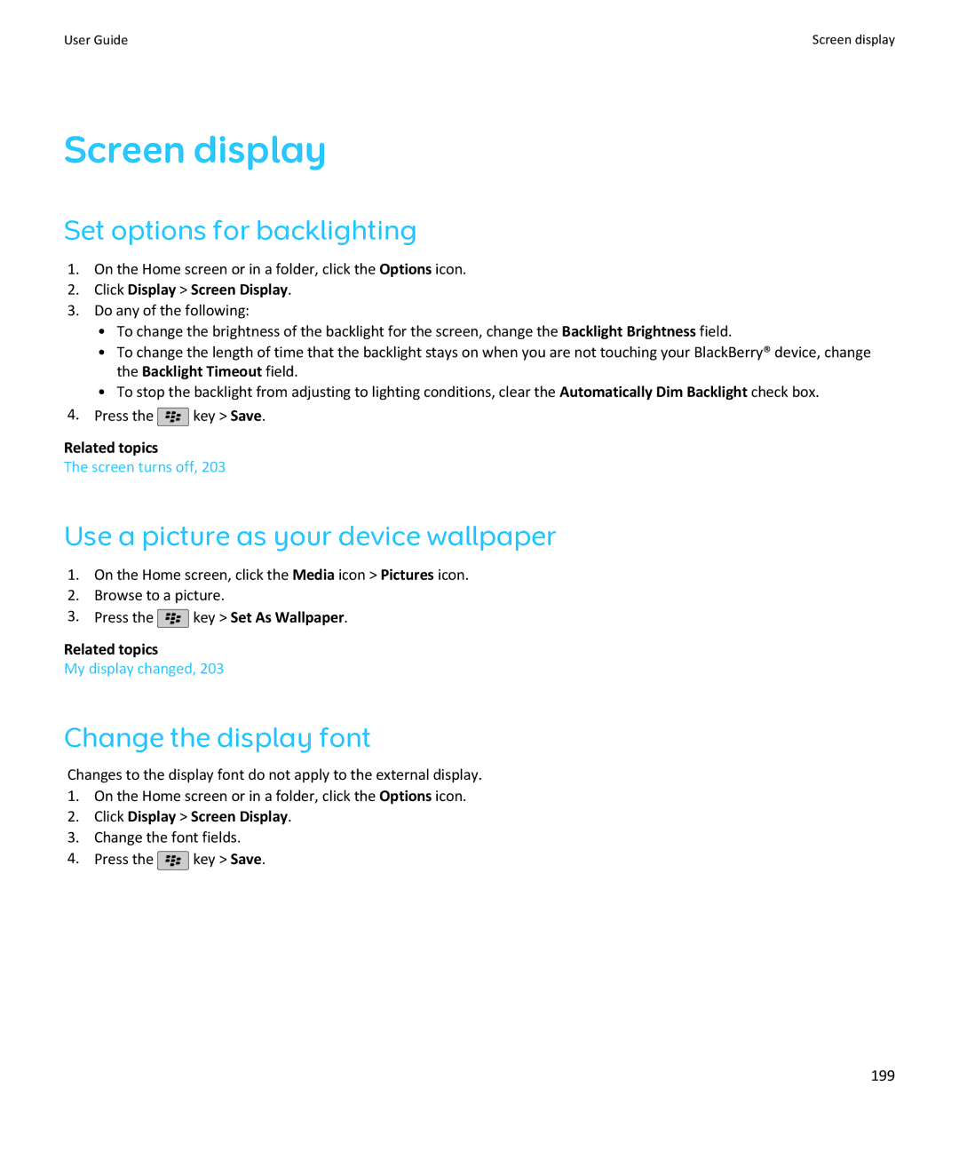 Blackberry SWDT643442-941426-0201084713-001 manual Screen display, Set options for backlighting, Change the display font 